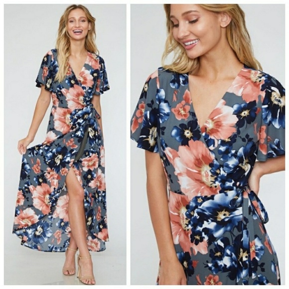 Dark Grey Floral Wrap Dresses - Picture 1 of 7